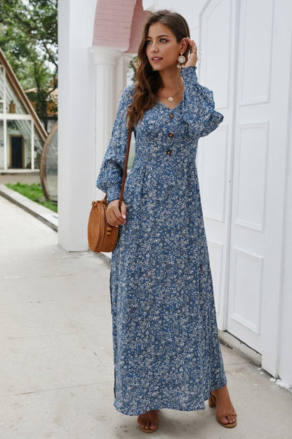 Creamtopmall Floral V Neck Long-sleeved Mid Dress