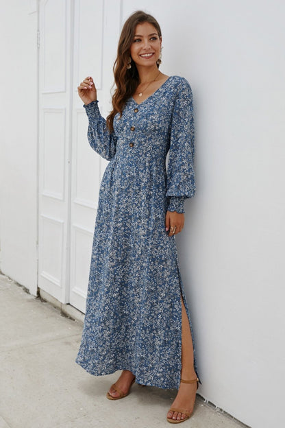 Creamtopmall Floral V Neck Long-sleeved Mid Dress