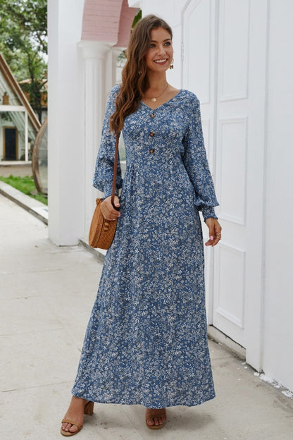 Creamtopmall Floral V Neck Long-sleeved Mid Dress