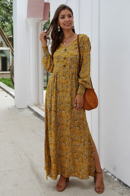 Creamtopmall Floral V Neck Long-sleeved Mid Dress