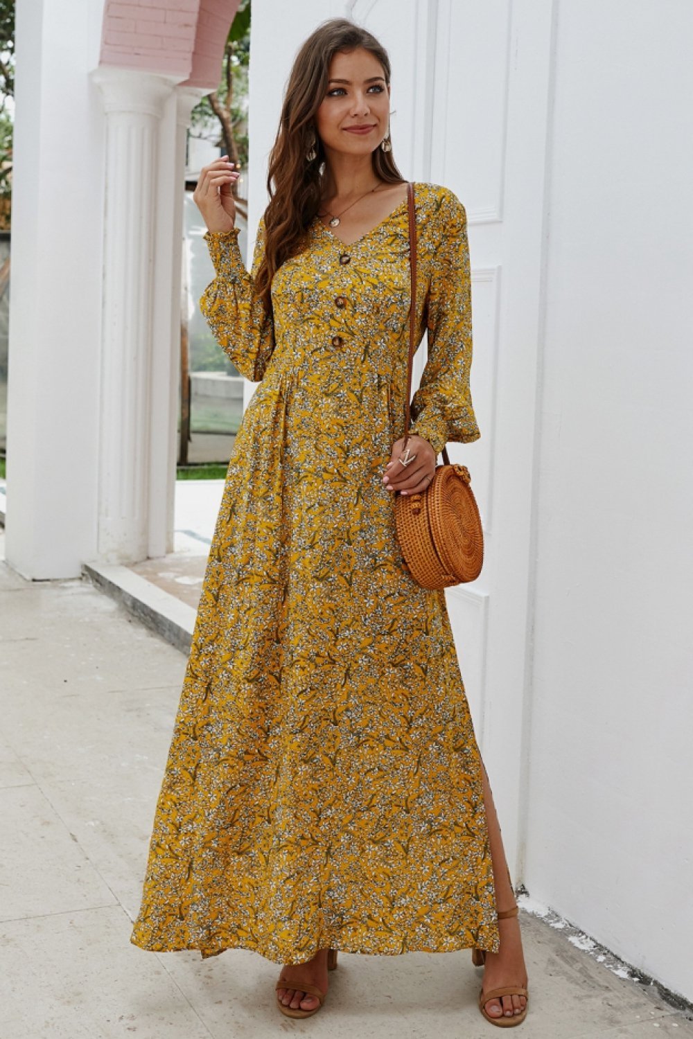 Creamtopmall Floral V Neck Long-sleeved Mid Dress