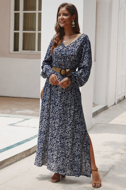 Creamtopmall Floral V Neck Long-sleeved Mid Dress