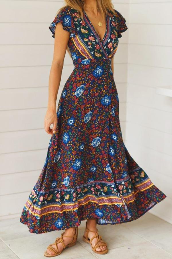 Creamtopmall Floral V Neck Slit Bohemian Dress