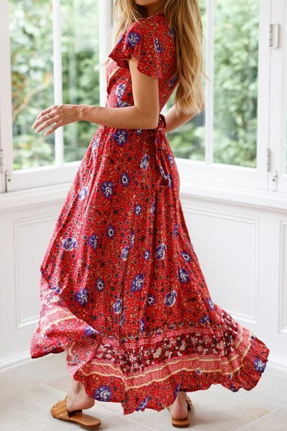 Creamtopmall Floral V Neck Slit Bohemian Dress