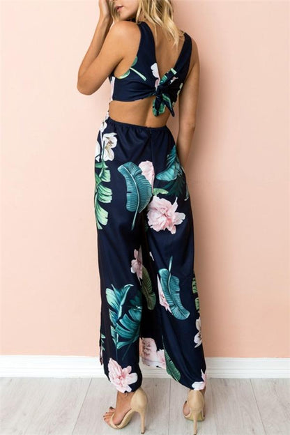 creamtopmall Floral V Neck Slit Jumpsuit