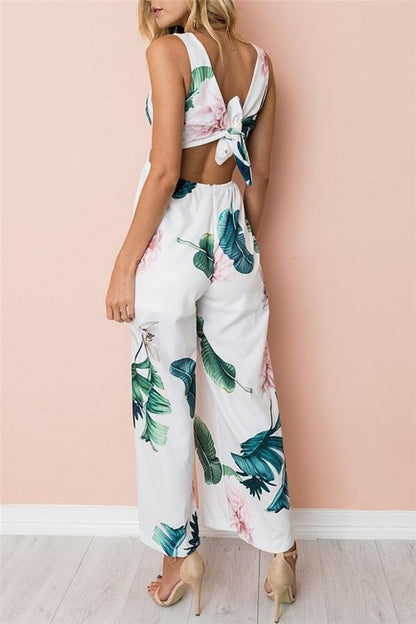 creamtopmall Floral V Neck Slit Jumpsuit