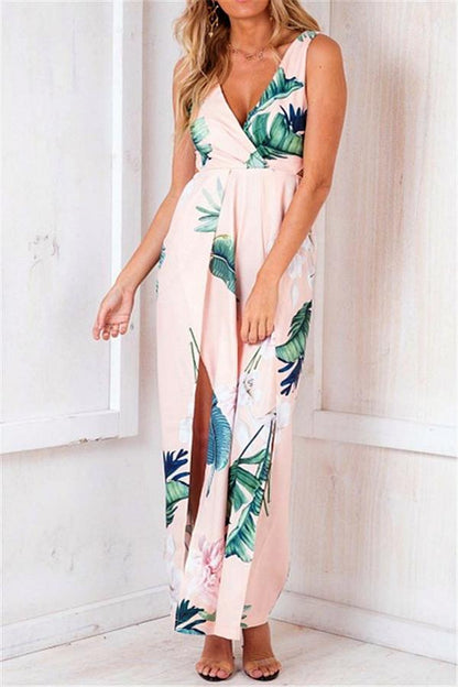 creamtopmall Floral V Neck Slit Jumpsuit