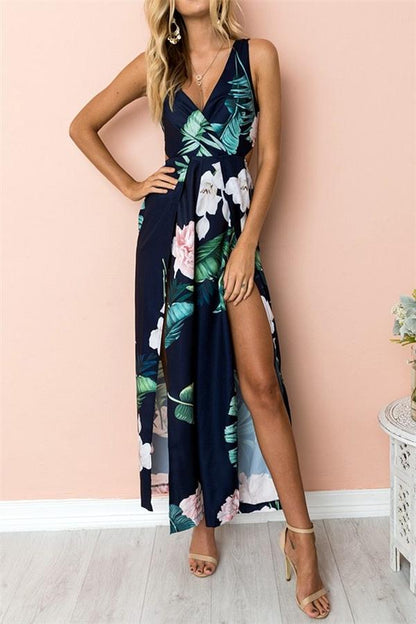 creamtopmall Floral V Neck Slit Jumpsuit