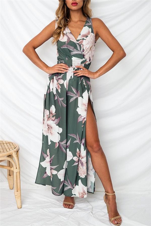 creamtopmall Floral V Neck Slit Jumpsuit