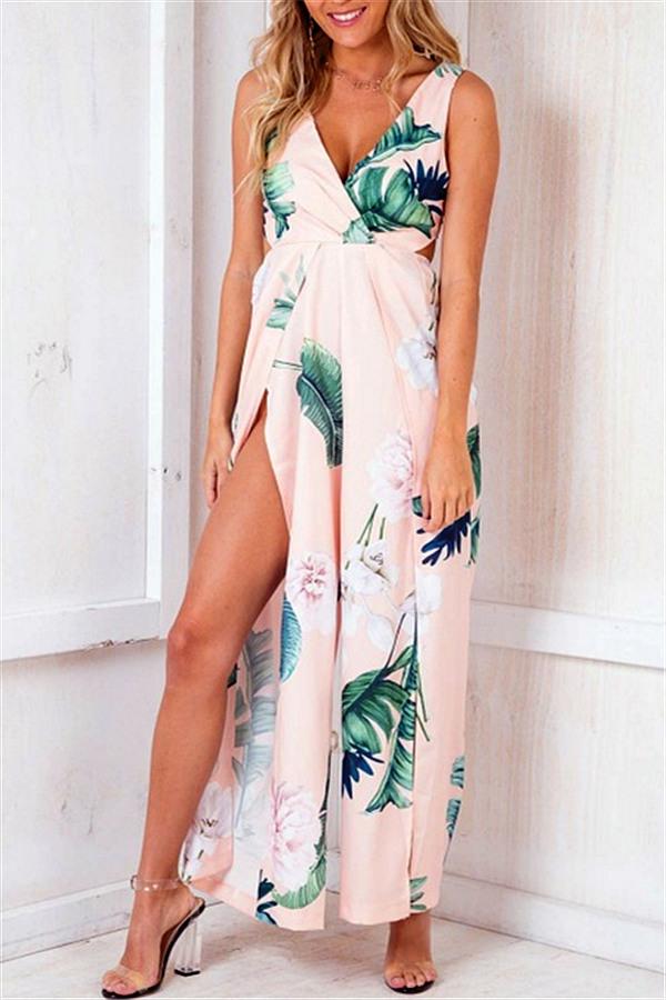 creamtopmall Floral V Neck Slit Jumpsuit