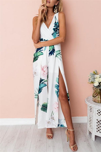 creamtopmall Floral V Neck Slit Jumpsuit