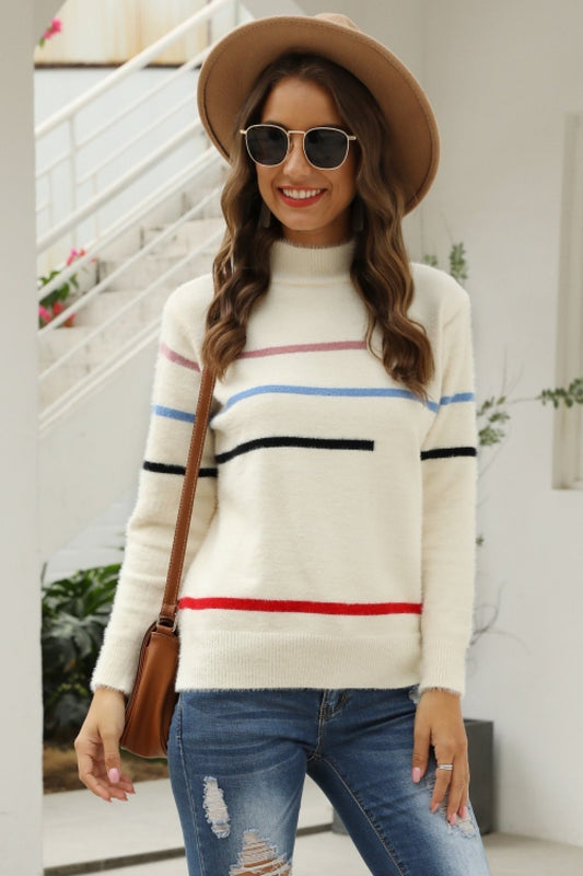 Creamtopmall Fluffy Stripe High Neck Loose Sweater