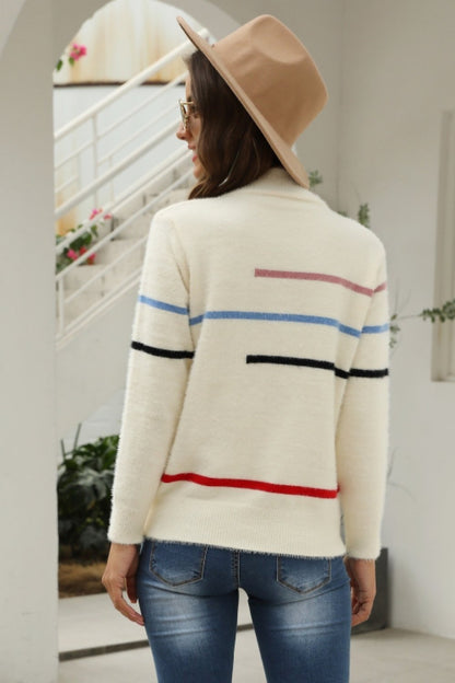 Creamtopmall Fluffy Stripe High Neck Loose Sweater