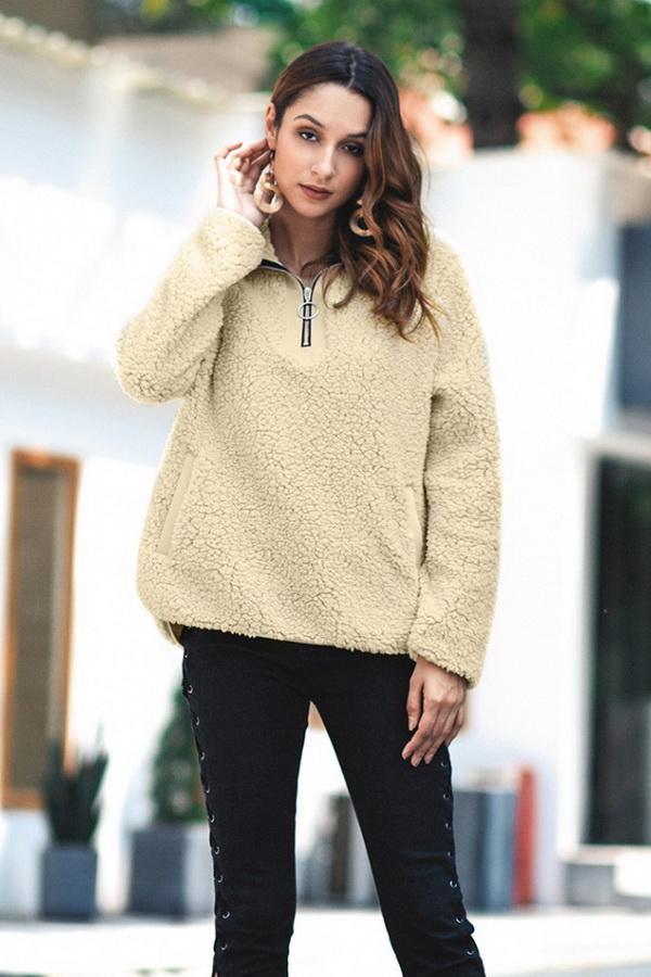 Creamtopmall Fluffy Turn-down Collar Zipper Sweatshirt