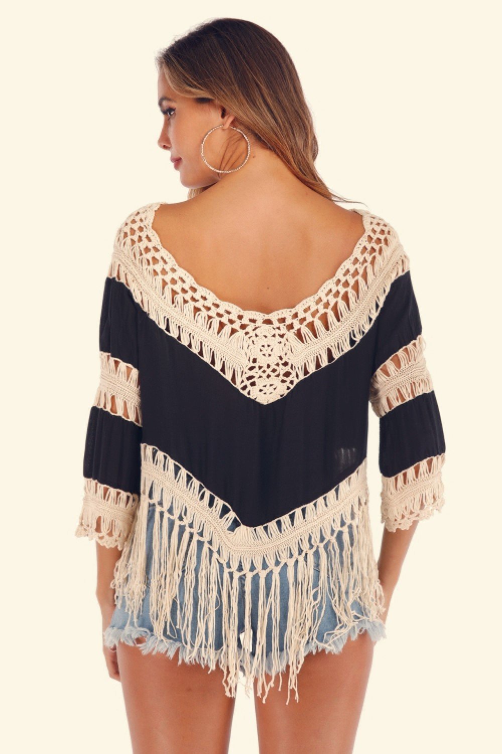 Creamtopmall Fringe Irregular Hollow Beach Blouse