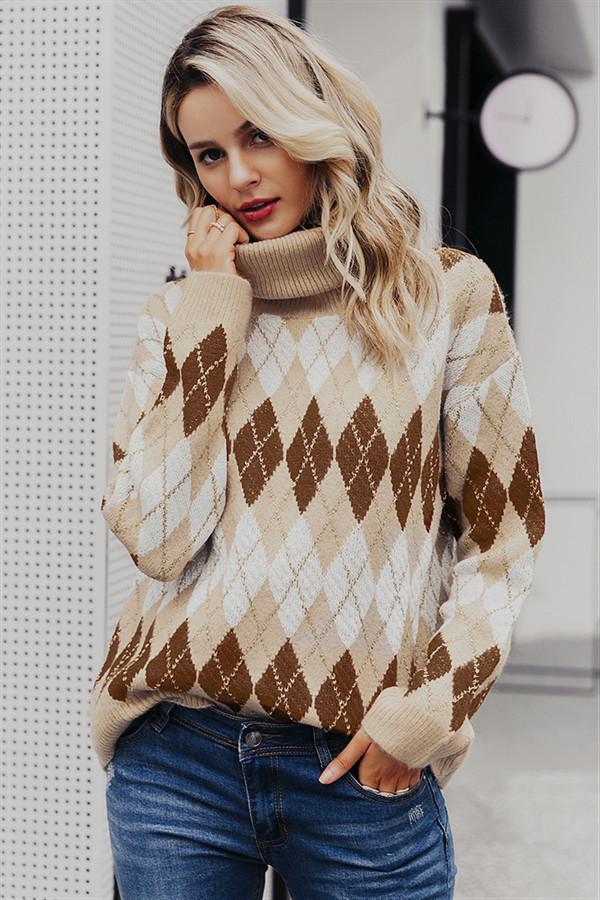 Creamtopmall Geometrical Turtle Neck Thick Pullover