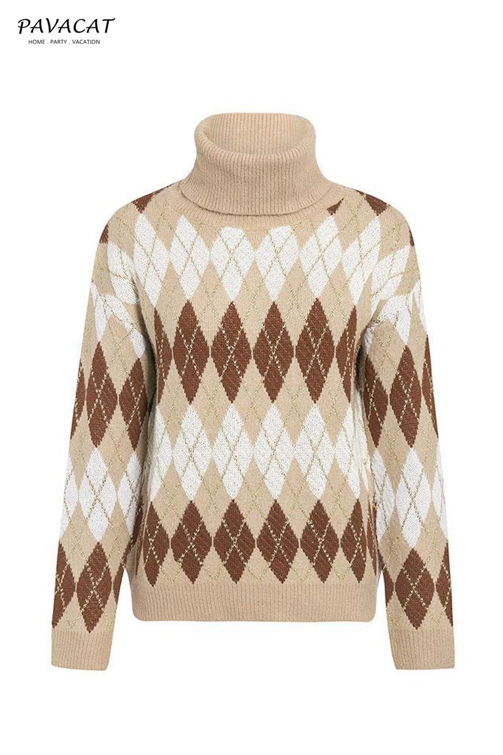 Creamtopmall Geometrical Turtle Neck Thick Pullover