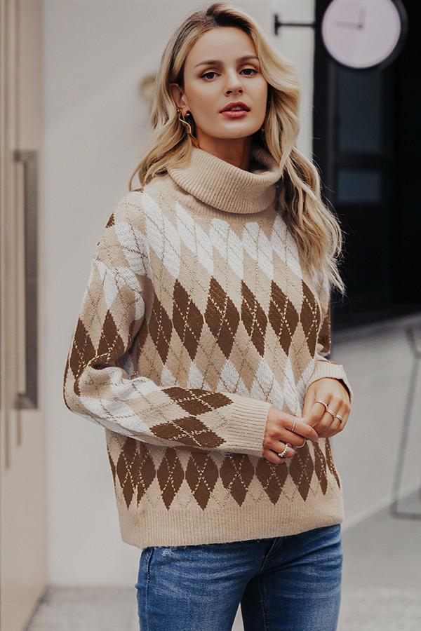 Creamtopmall Geometrical Turtle Neck Thick Pullover