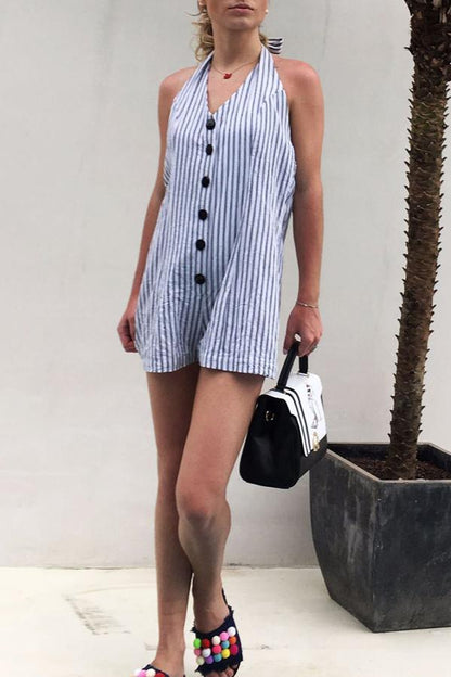 creamtopmall Halter Sleeveless Striped Single Breasted Romper