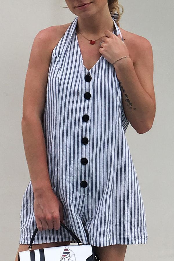 creamtopmall Halter Sleeveless Striped Single Breasted Romper