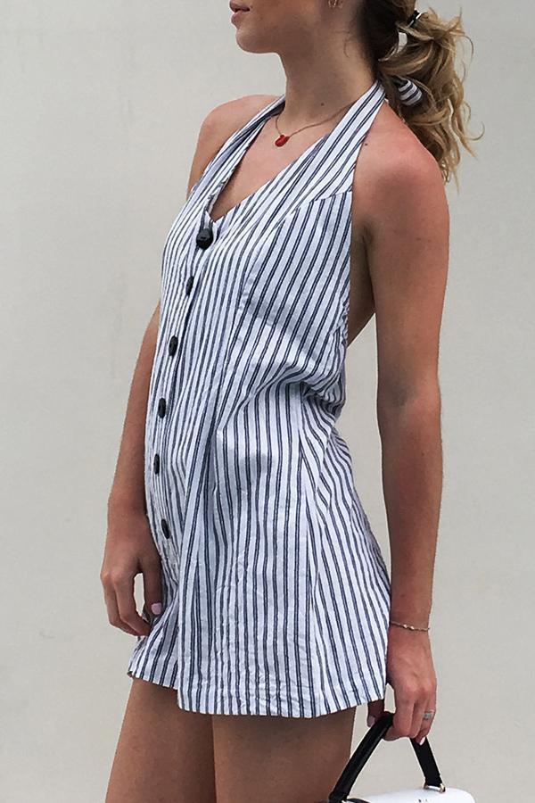 creamtopmall Halter Sleeveless Striped Single Breasted Romper