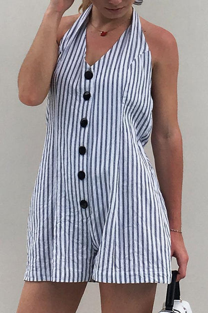 creamtopmall Halter Sleeveless Striped Single Breasted Romper