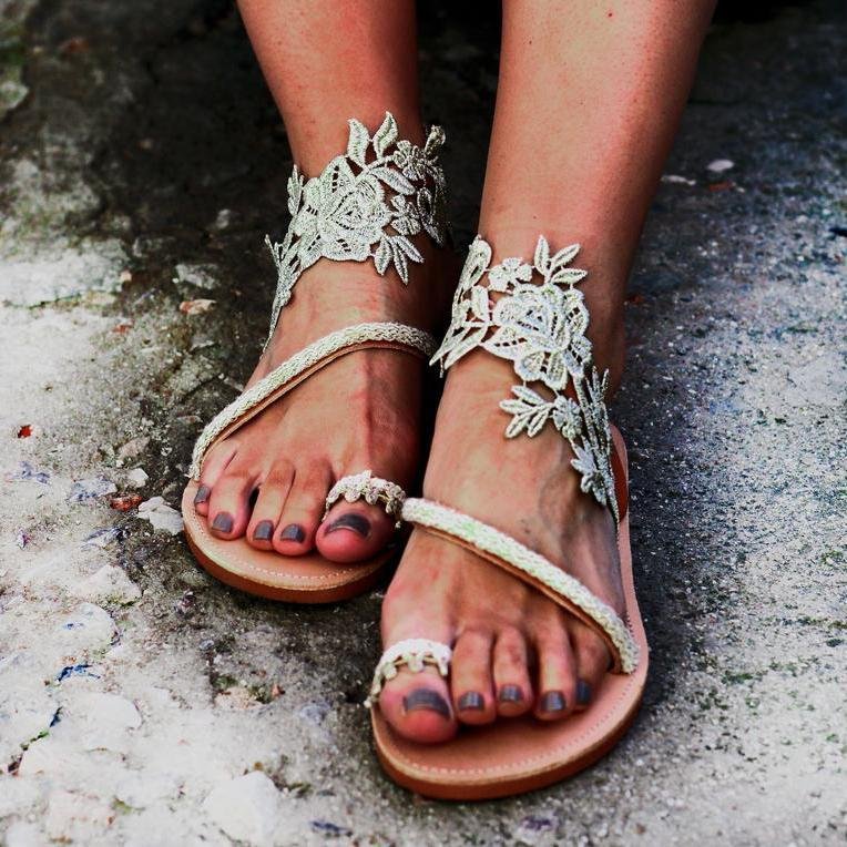 Creamtopmall Hand-knit Flat Embroidered Sandals