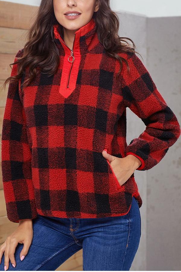 Creamtopmall High-collar Checked Plush Plaid Sweater