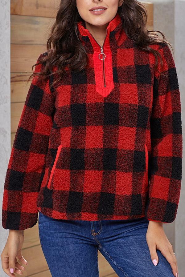 Creamtopmall High-collar Checked Plush Plaid Sweater