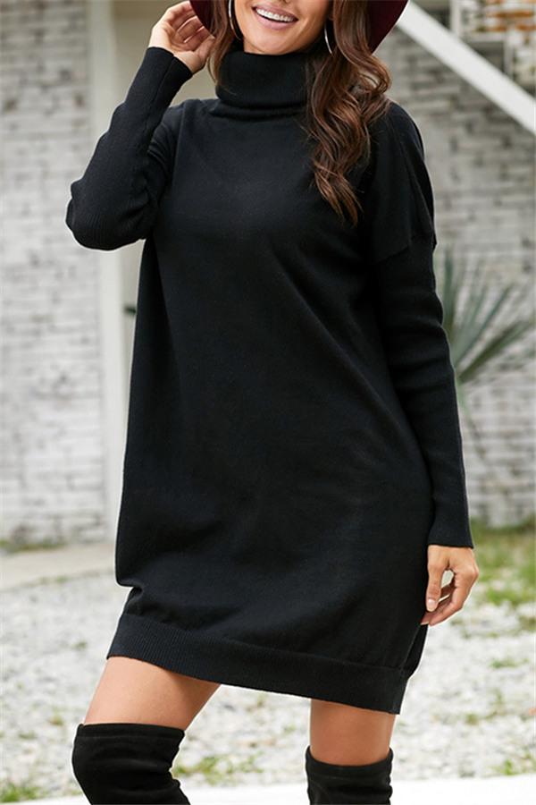 Creamtopmall High Neck Belt Sweater Dress