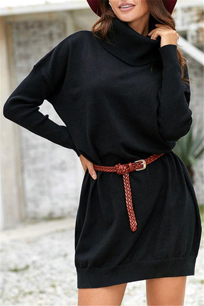 Creamtopmall High Neck Belt Sweater Dress