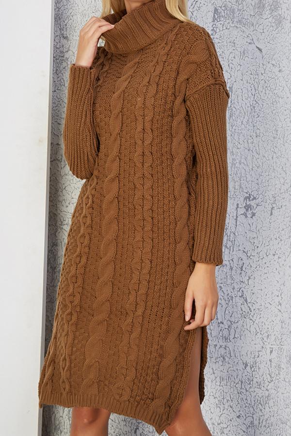 Creamtopmall High Neck Cable Knit Slit Sweater Dress