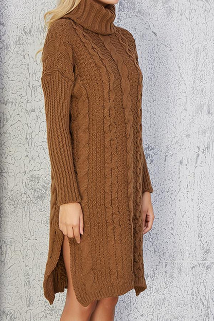 Creamtopmall High Neck Cable Knit Slit Sweater Dress