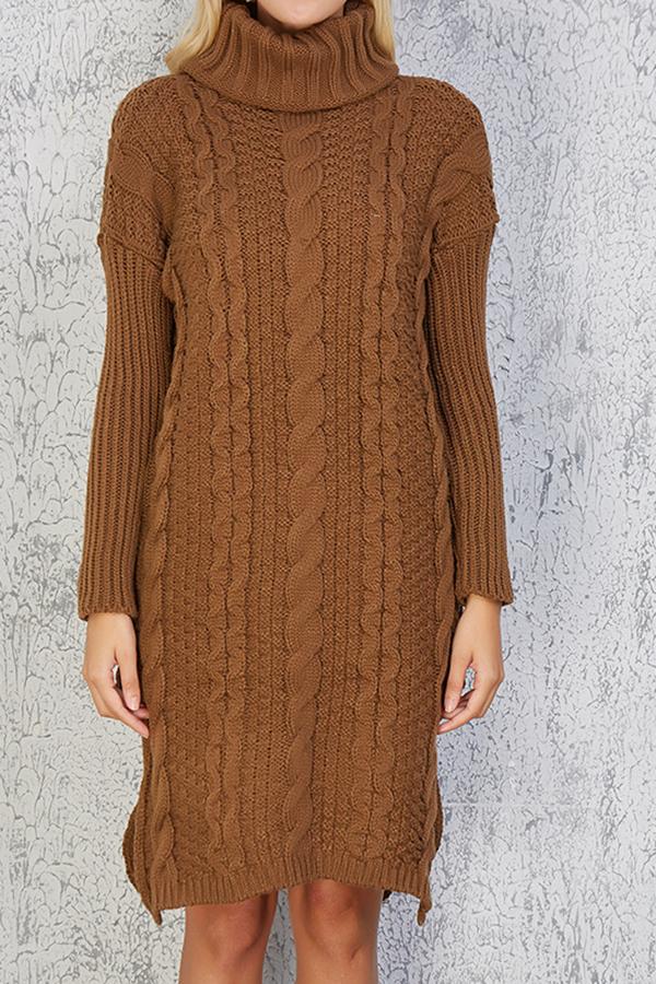 Creamtopmall High Neck Cable Knit Slit Sweater Dress