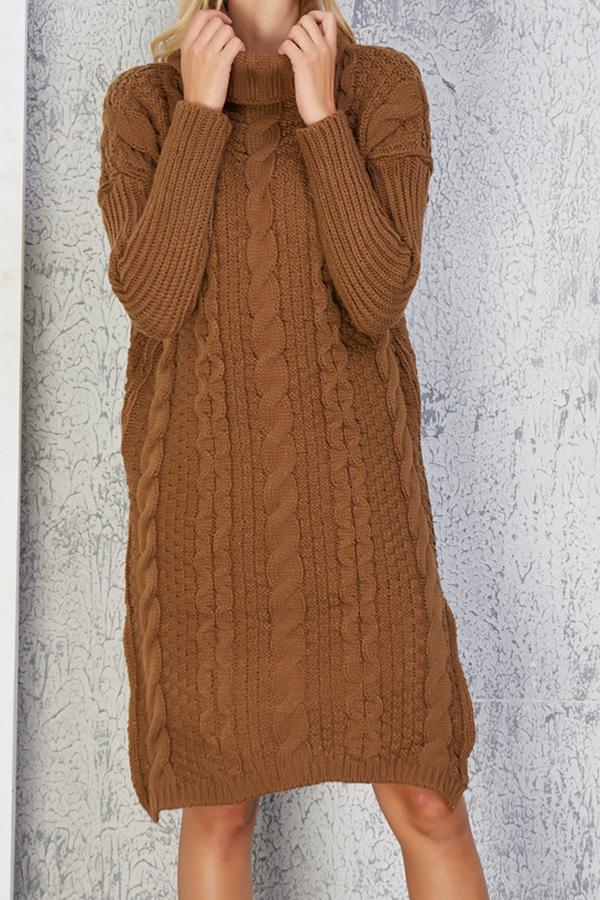 Creamtopmall High Neck Cable Knit Slit Sweater Dress