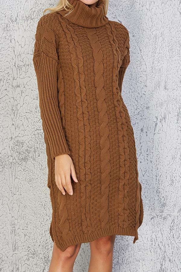 Creamtopmall High Neck Cable Knit Slit Sweater Dress