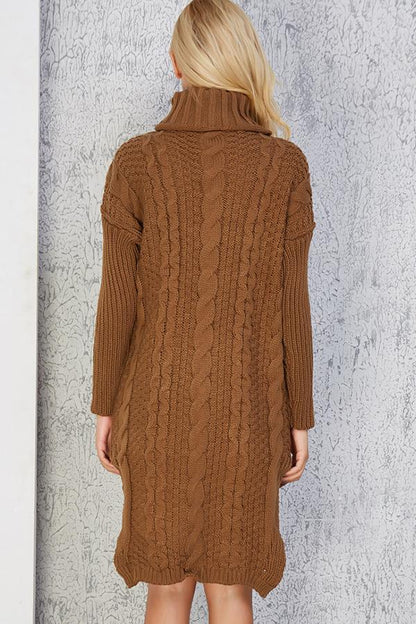 Creamtopmall High Neck Cable Knit Slit Sweater Dress