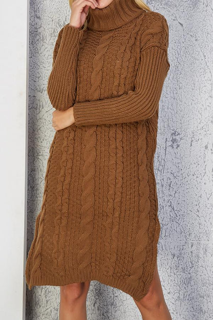 Creamtopmall High Neck Cable Knit Slit Sweater Dress