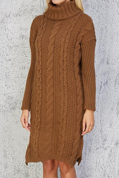 Creamtopmall High Neck Cable Knit Slit Sweater Dress