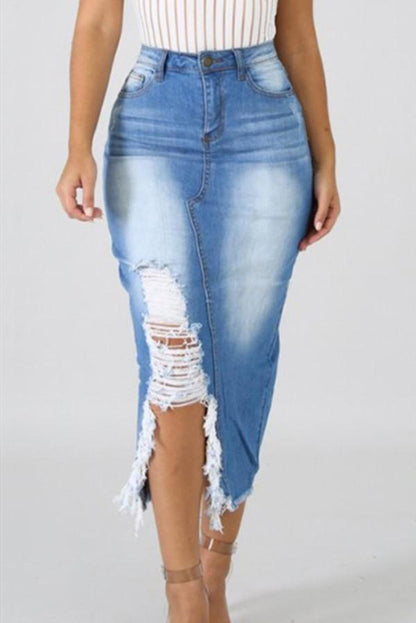 Creamtopmall High Waist Ripped Destroyed Denim Skirt