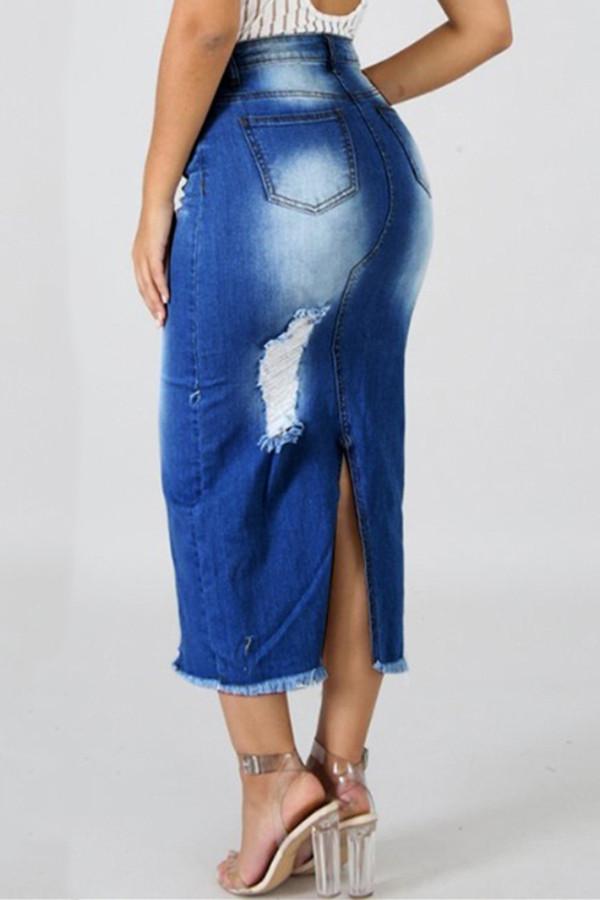 Creamtopmall High Waist Ripped Destroyed Denim Skirt