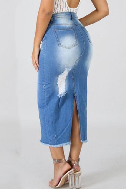 Creamtopmall High Waist Ripped Destroyed Denim Skirt