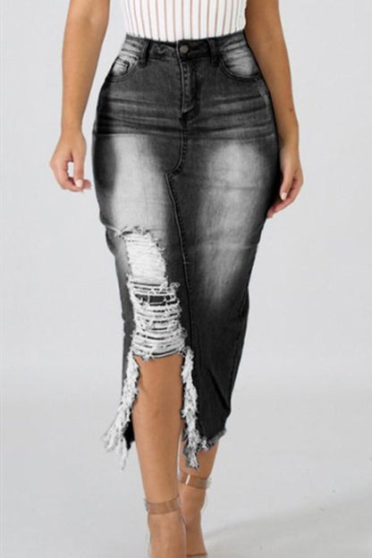 Creamtopmall High Waist Ripped Destroyed Denim Skirt