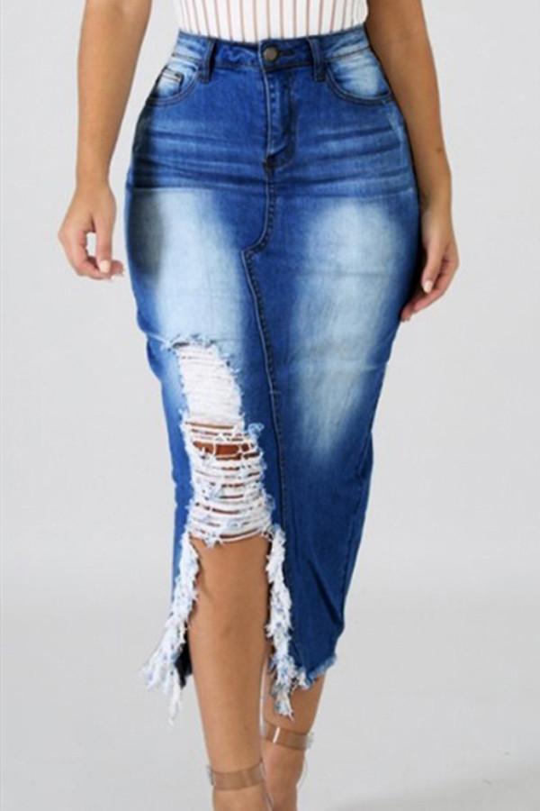 Creamtopmall High Waist Ripped Destroyed Denim Skirt