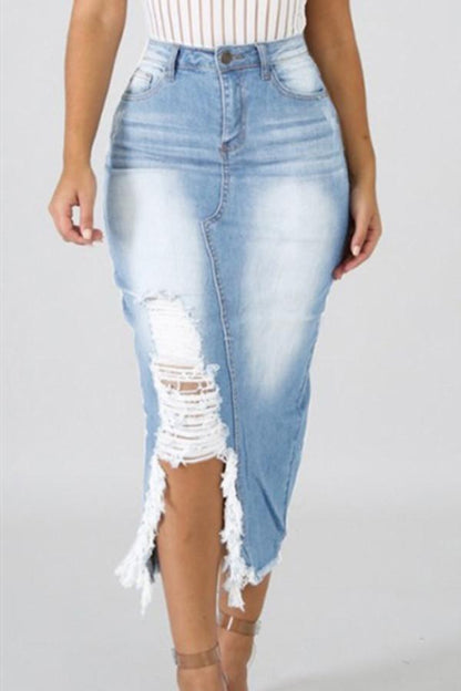 Creamtopmall High Waist Ripped Destroyed Denim Skirt