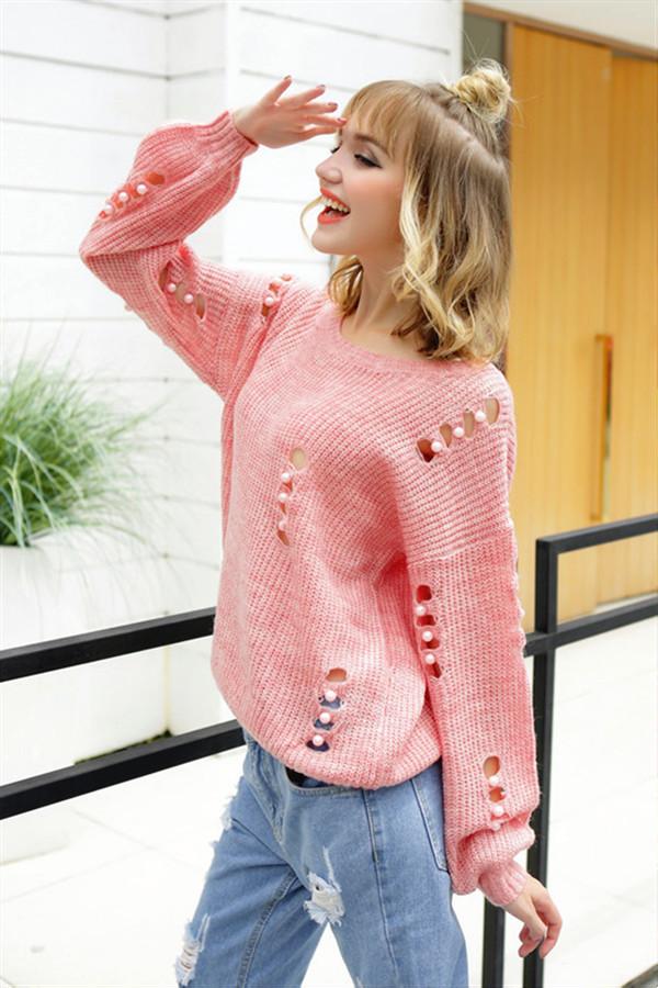 Creamtopmall Hollow Out Pearls Pullover