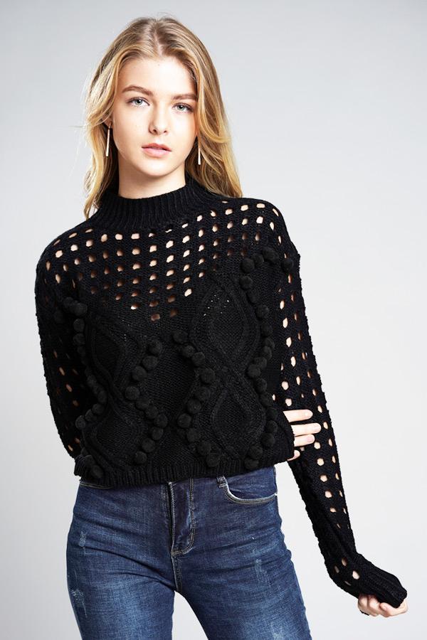 Creamtopmall Hollow Out Pompom Knitting Sweater