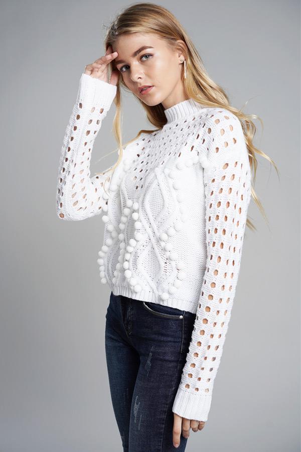 Creamtopmall Hollow Out Pompom Knitting Sweater