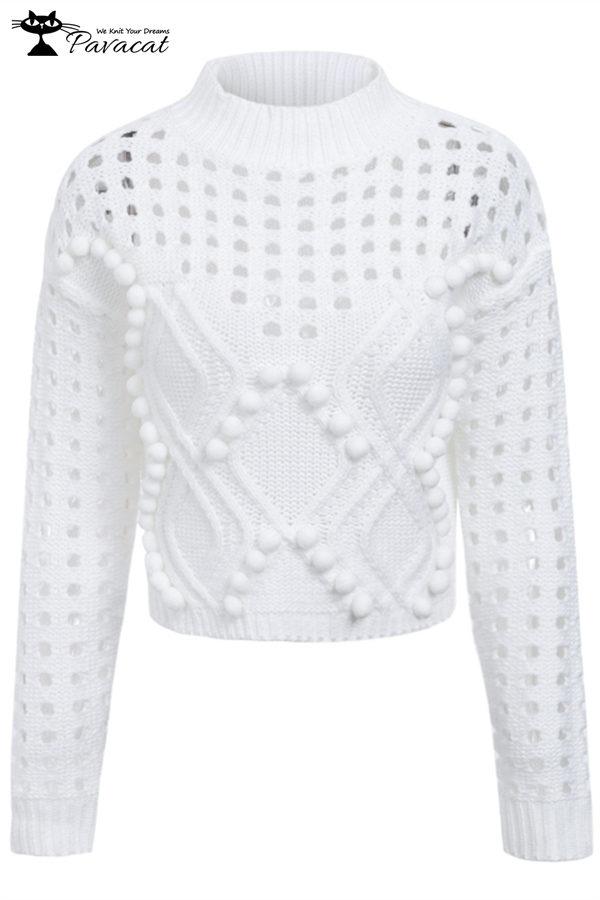 Creamtopmall Hollow Out Pompom Knitting Sweater