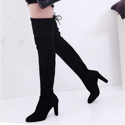 creamtopmall Autumn Boots  Women's Boots Plus Size Heel Boots Daily Over The Knee Boots Crotch High Boots Winter Lace-up Chunky Heel Pointed Toe Sweet Suede Loafer Solid Colored Black Red Gray